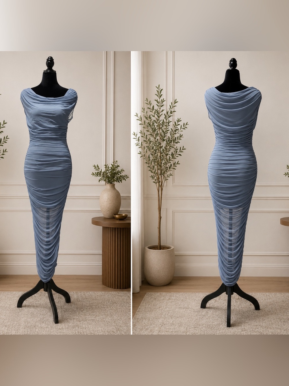 Lulu's Dusty Blue Ruched Cowl-Neck Midi Dress - Picture 2 of 5